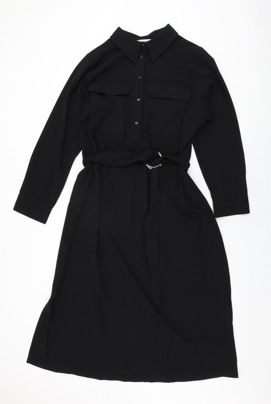 Marks and Spencer Womens Black Polyester Shift Size 18 Collared Button