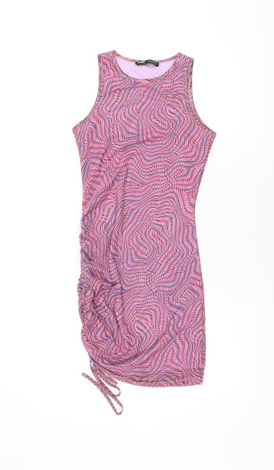 Pull&Bear Womens Purple Geometric Polyester Bodycon Size S Round Neck Drawstring