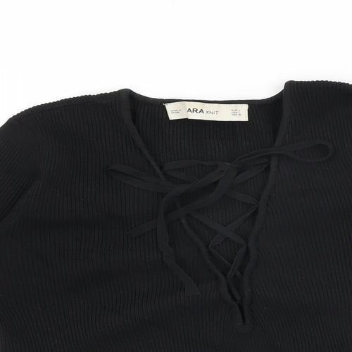 Zara Womens Black Polyester Basic T-Shirt Size L V-Neck