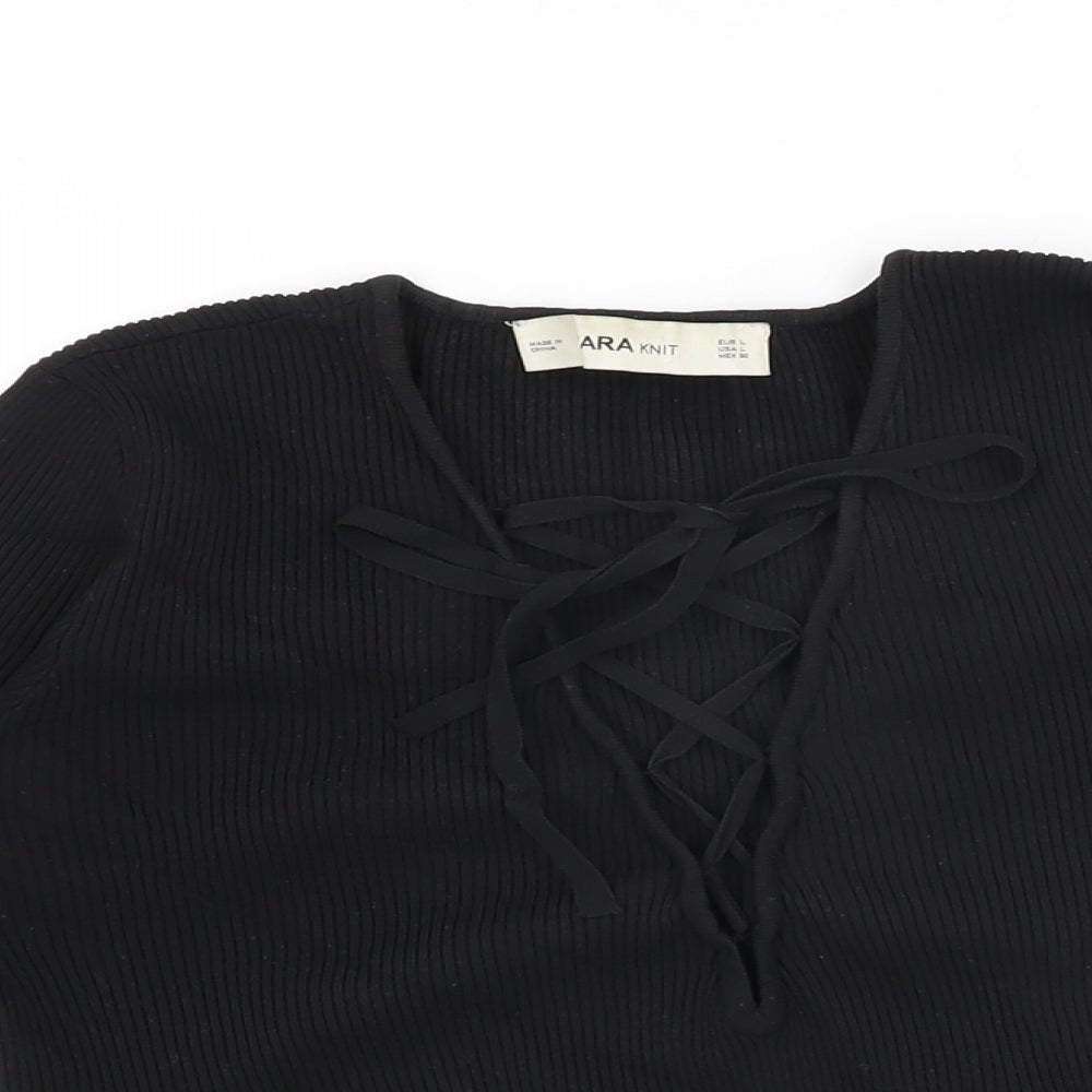 Zara Womens Black Polyester Basic T-Shirt Size L V-Neck