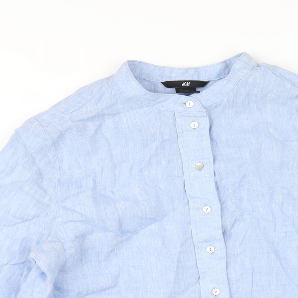 H&M Womens Blue Linen Basic Button-Up Size 6 Round Neck