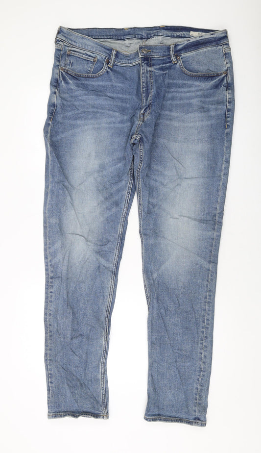 Marks and Spencer Mens Blue Cotton Straight Jeans Size 40 in L33 in Slim Button