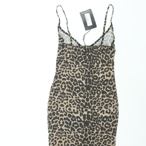 PRETTYLITTLETHING Womens Brown Animal Print Polyester Bodycon Size 8 V-Neck Pullover - Leopard Print