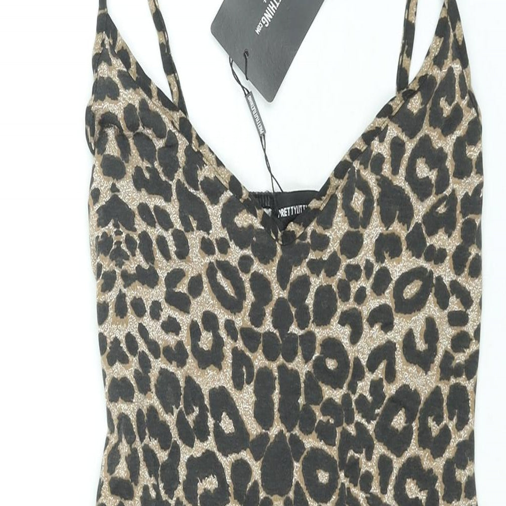 PRETTYLITTLETHING Womens Brown Animal Print Polyester Bodycon Size 8 V-Neck Pullover - Leopard Print