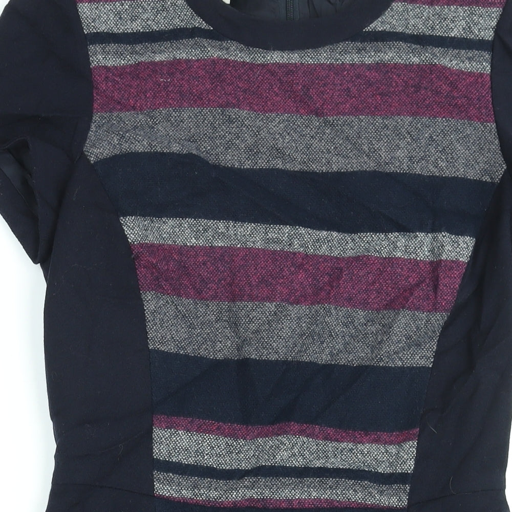 Hobbs Womens Blue Striped Wool Shift Size 10 Round Neck Zip