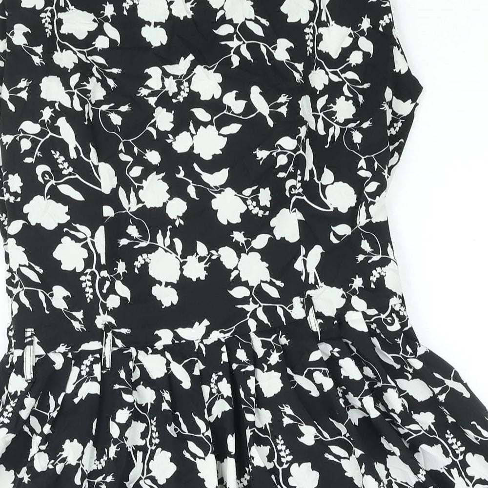 Mela Loves London Womens Black Floral Polyester A-Line Size 10 Boat Neck Zip