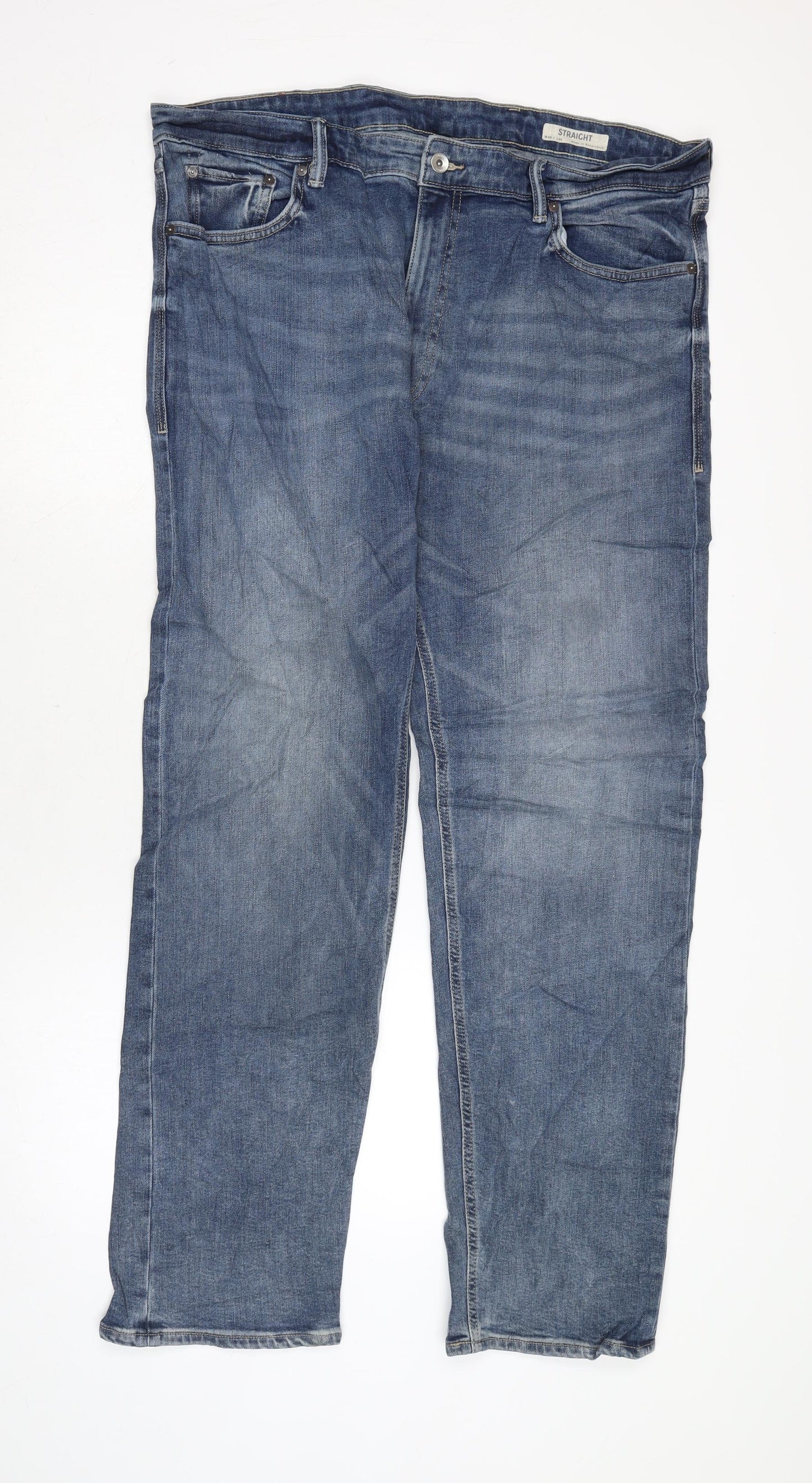 Marks and Spencer Mens Blue Cotton Blend Straight Jeans Size 40 in L32 in Regular Zip