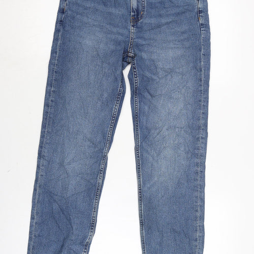 Marks and Spencer Womens Blue Cotton Blend Straight Jeans Size 10 L27 in Regular Zip - Raw Hem