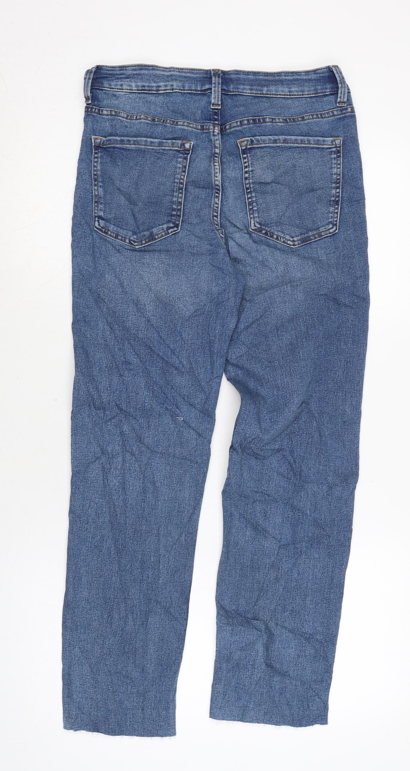 Marks and Spencer Womens Blue Cotton Blend Straight Jeans Size 10 L27 in Regular Zip - Raw Hem