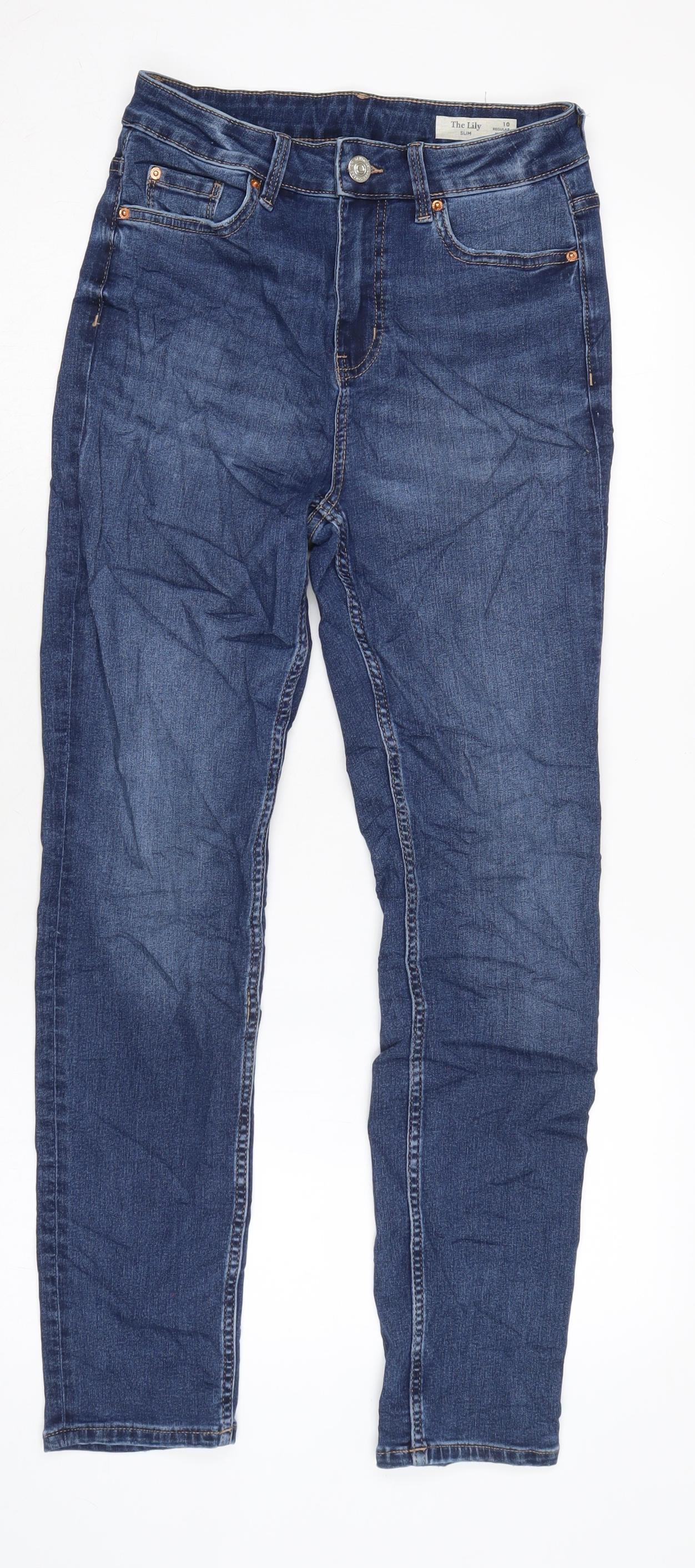 Marks and Spencer Womens Blue Cotton Blend Straight Jeans Size 10 L28.5 in Slim Zip