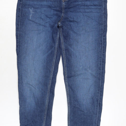 Marks and Spencer Womens Blue Cotton Blend Tapered Jeans Size 10 L29 in Regular Zip - Raw Hem