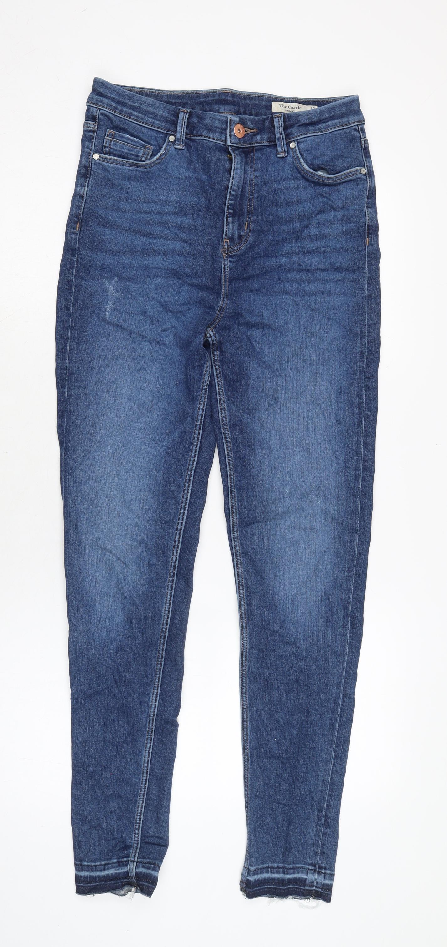 Marks and Spencer Womens Blue Cotton Blend Tapered Jeans Size 10 L29 in Regular Zip - Raw Hem