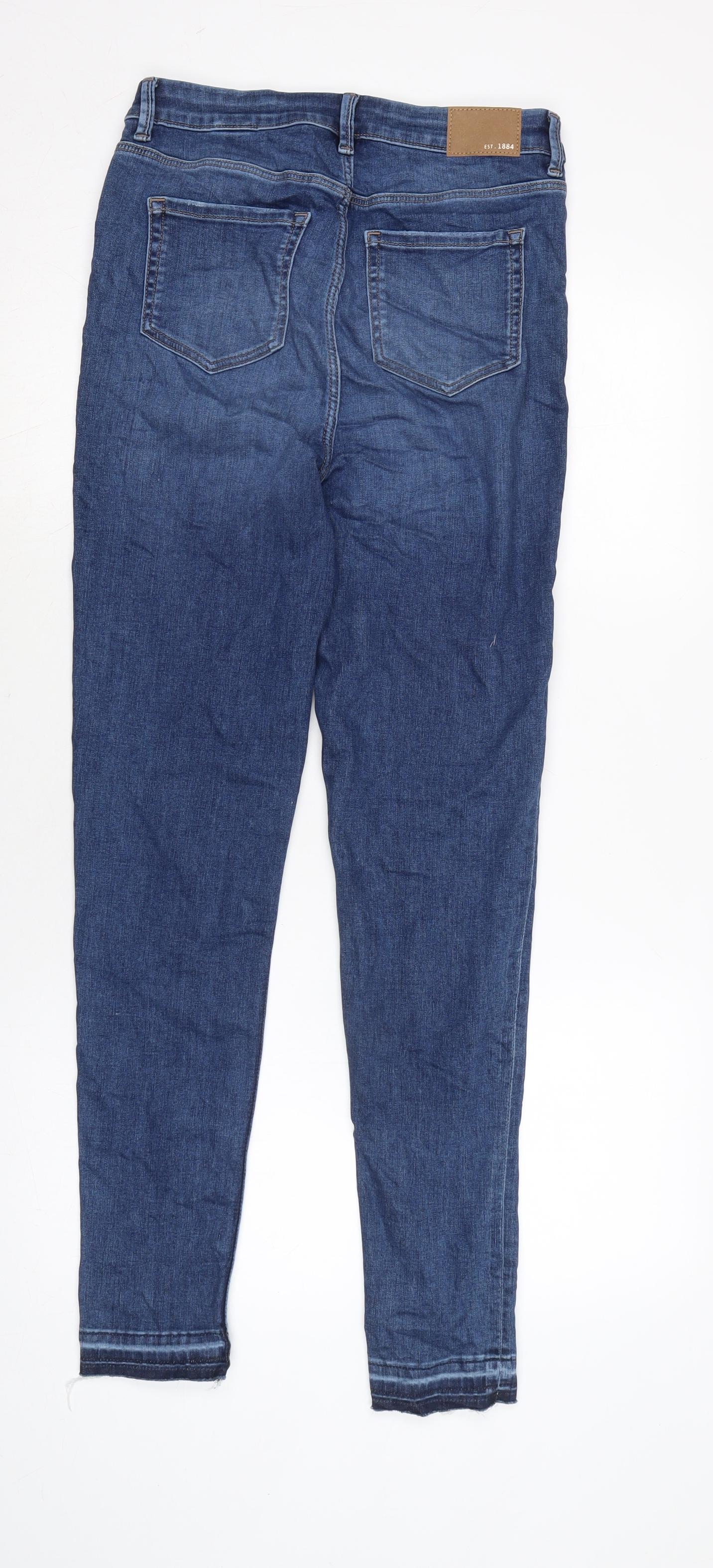 Marks and Spencer Womens Blue Cotton Blend Tapered Jeans Size 10 L29 in Regular Zip - Raw Hem