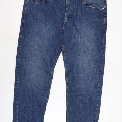 Marks and Spencer Mens Blue Cotton Blend Straight Jeans Size 40 in L29 in Regular Zip