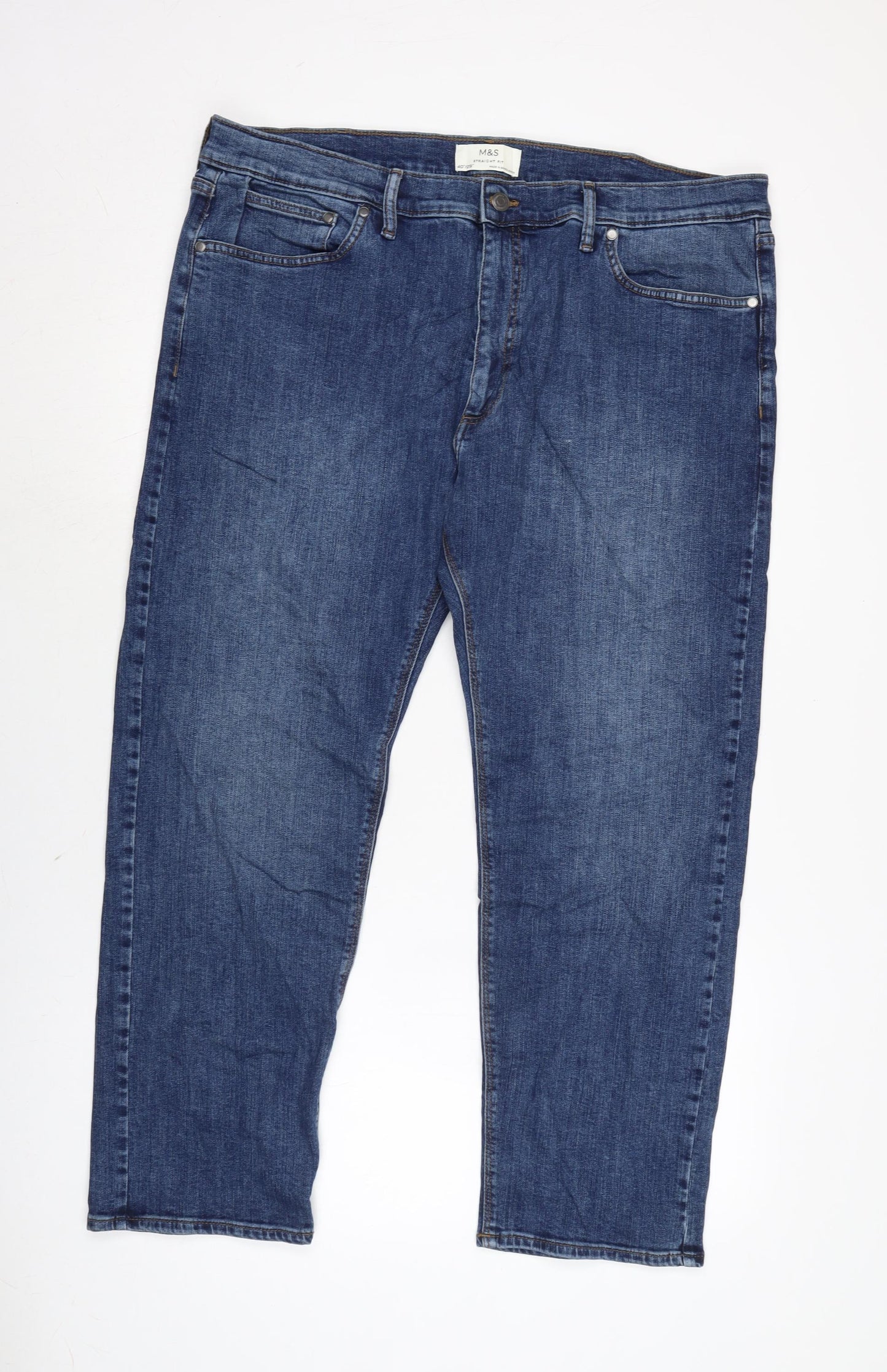 Marks and Spencer Mens Blue Cotton Blend Straight Jeans Size 40 in L29 in Regular Zip