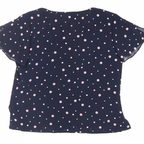 Jacques Vert Womens Blue Polka Dot Polyester Basic Blouse Size 14 V-Neck