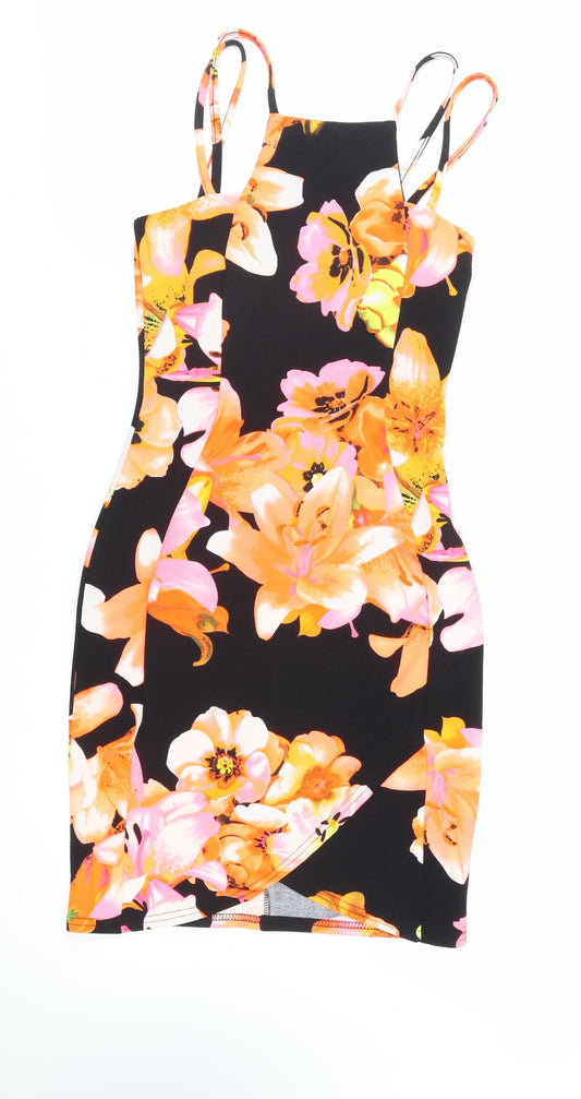 New Look Womens Black Floral Polyester Bodycon Size 10 Square Neck Pullover