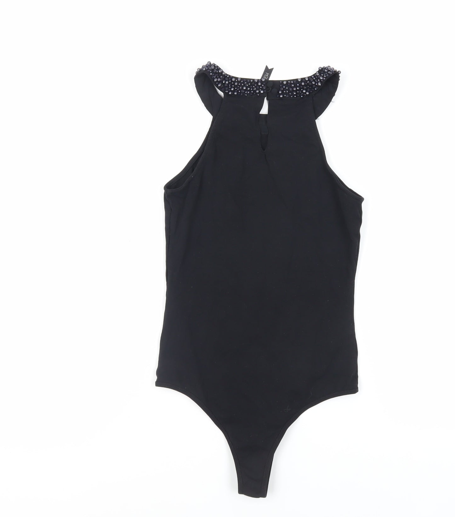 Forever New Womens Black Cotton Bodysuit One-Piece Size 6 Snap - Beaded Neckline