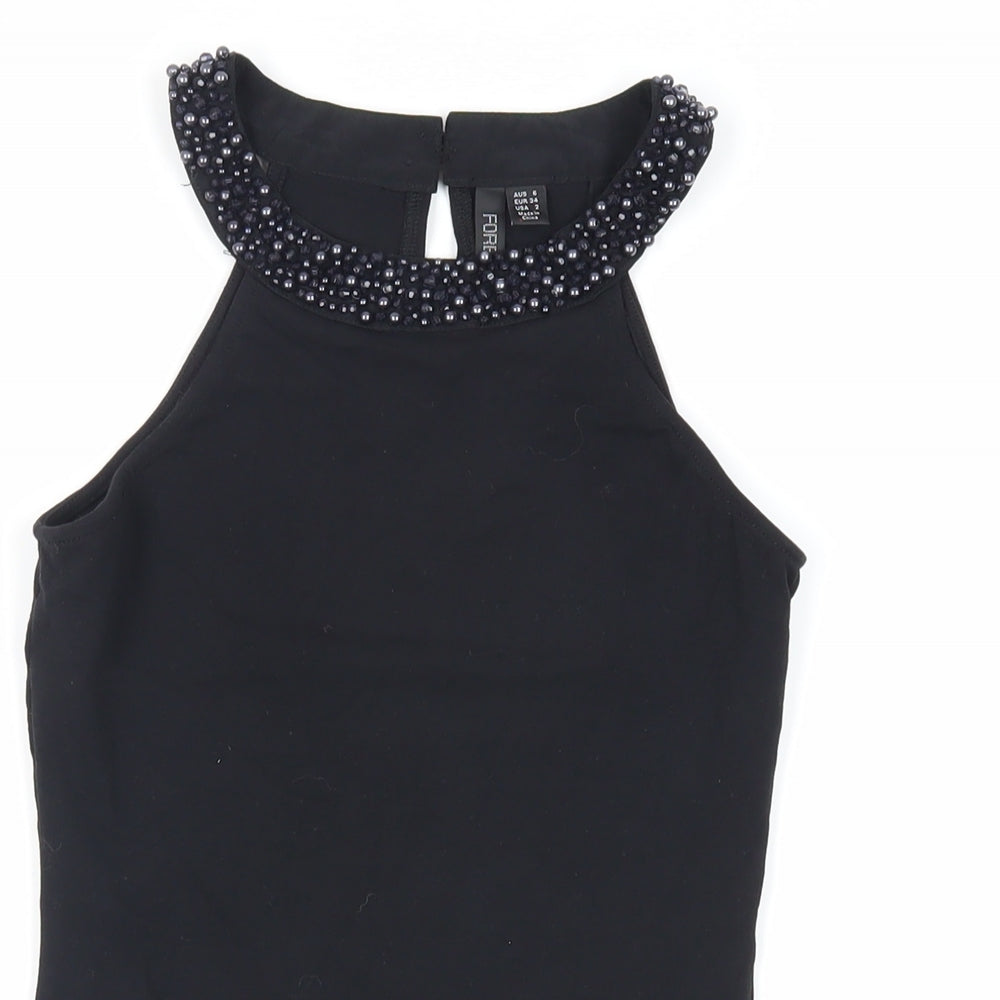 Forever New Womens Black Cotton Bodysuit One-Piece Size 6 Snap - Beaded Neckline