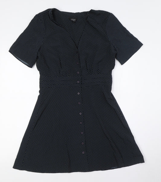 Topshop Womens Black Plaid Polyester A-Line Size 10 V-Neck Button