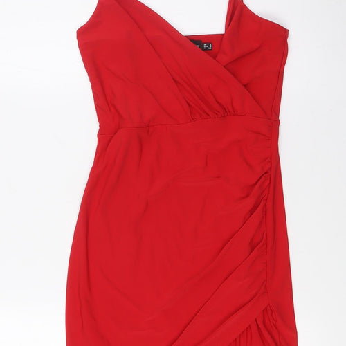 PRETTYLITTLETHING Womens Red Polyester A-Line Size 8 Scoop Neck - Wrap Effect