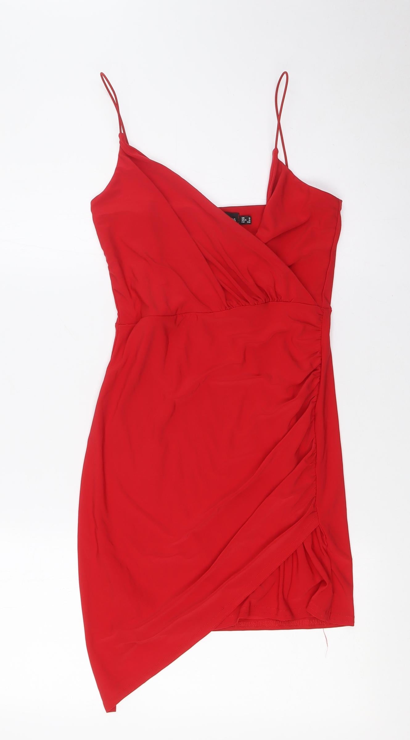 PRETTYLITTLETHING Womens Red Polyester A-Line Size 8 Scoop Neck - Wrap Effect