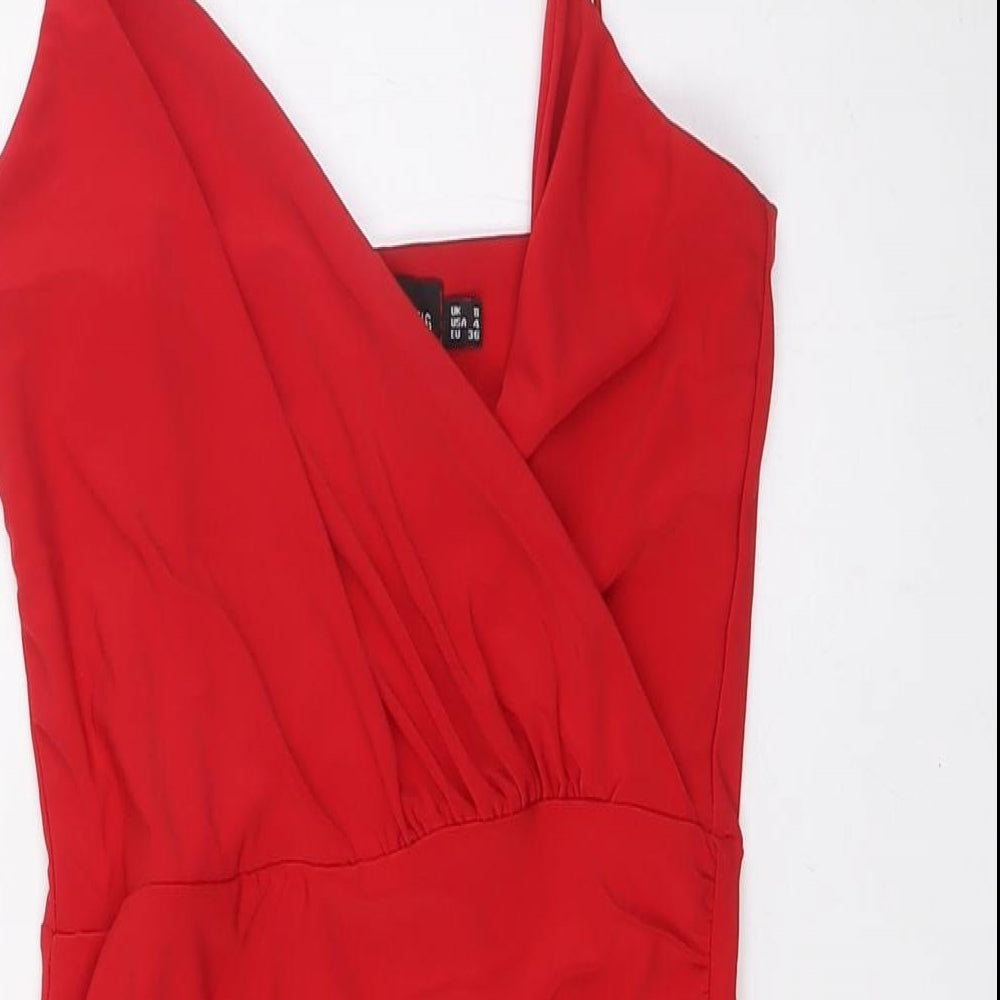 PRETTYLITTLETHING Womens Red Polyester A-Line Size 8 Scoop Neck - Wrap Effect