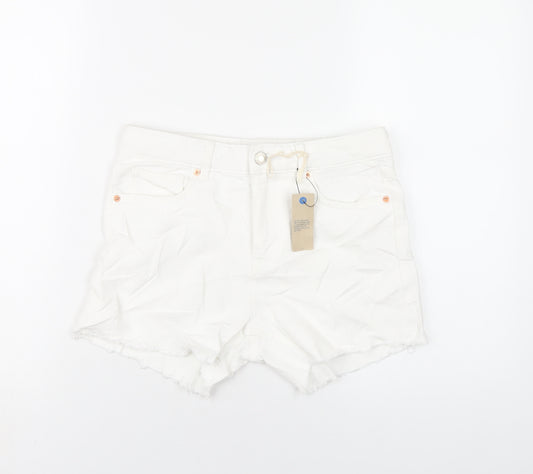 Marks and Spencer Womens White Cotton Cut-Off Shorts Size 6 L4 in Regular Zip