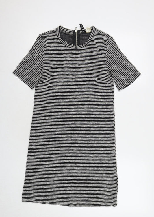 Divided by H&M Womens Grey Striped Cotton A-Line Size 10 Round Neck Zip