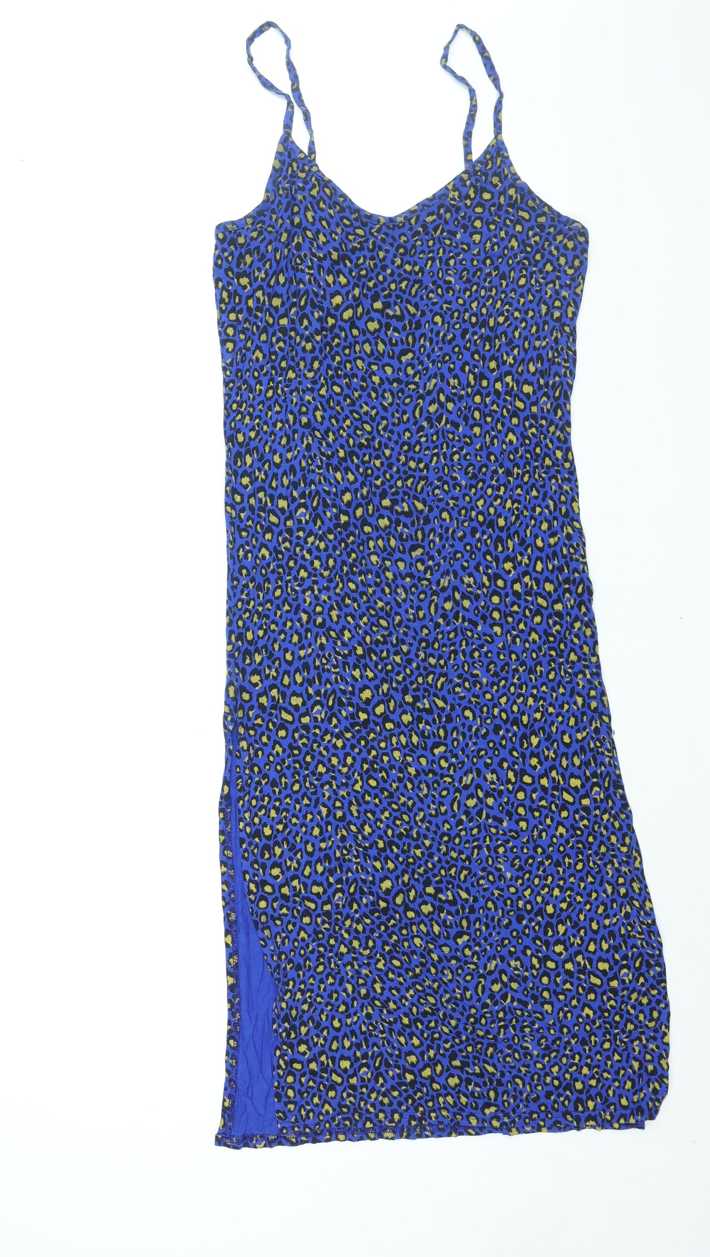 PRETTYLITTLETHING Womens Blue Animal Print Polyester Tank Dress Size 10 V-Neck Pullover - Side Slits Leopard Print