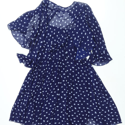 ASOS Womens Blue Polka Dot Polyester Shift Size 10 Round Neck Zip - Layered Frill