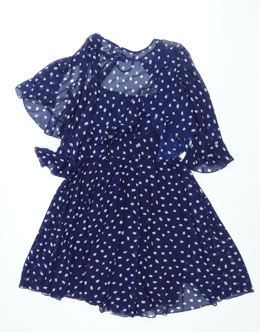 ASOS Womens Blue Polka Dot Polyester Shift Size 10 Round Neck Zip - Layered Frill