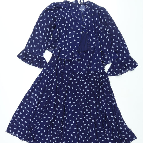 ASOS Womens Blue Polka Dot Polyester Shift Size 10 Round Neck Zip - Layered Frill