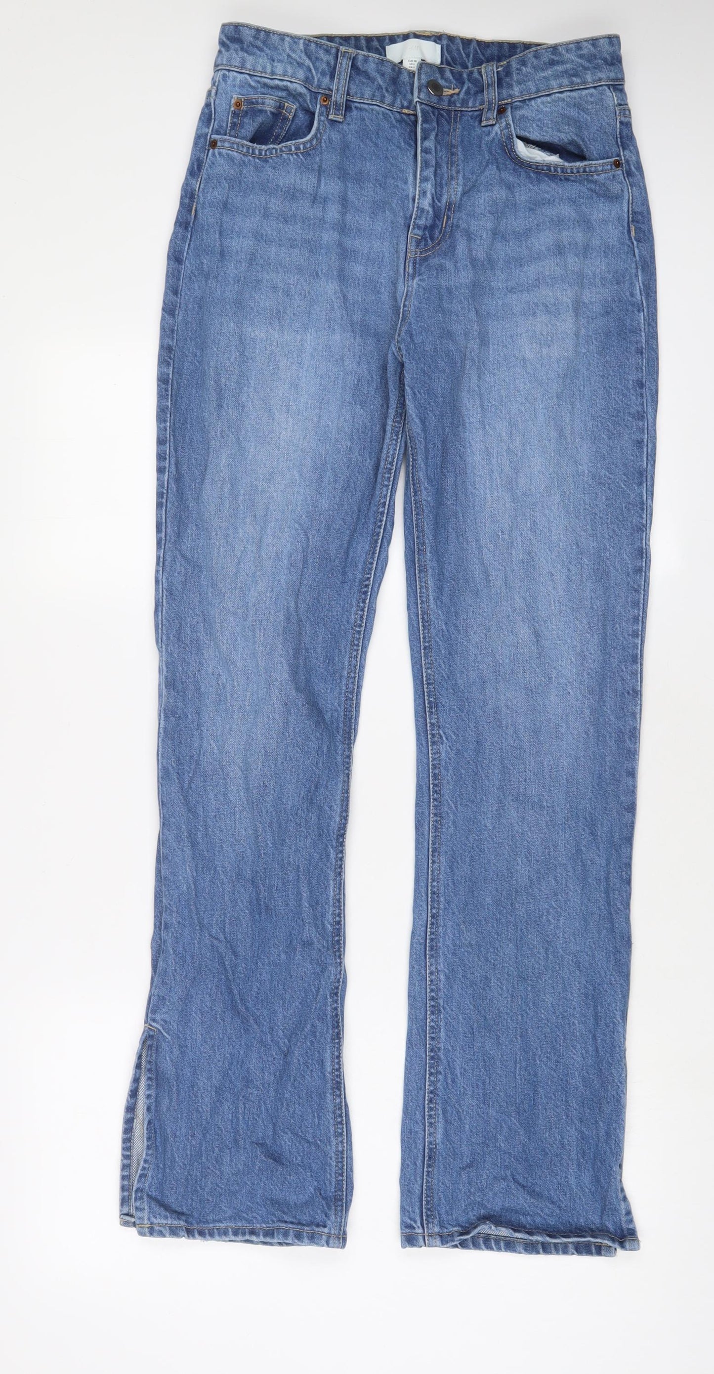 H&M Womens Blue Cotton Straight Jeans Size 10 L31 in Regular Zip - Split hem