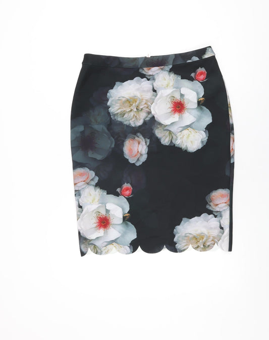 Ted Baker Womens Black Floral Polyester Straight & Pencil Skirt Size 14 Zip