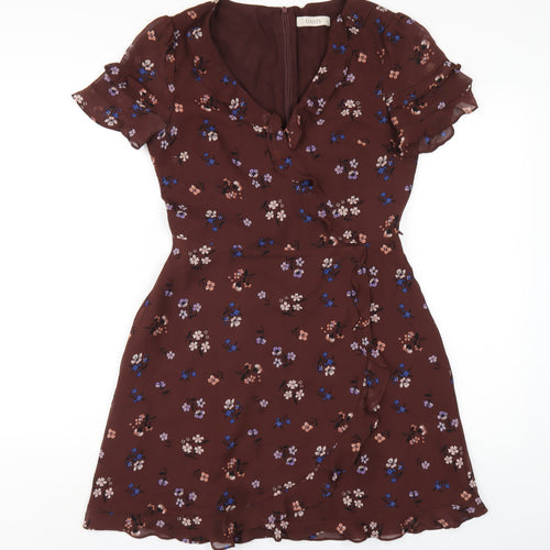 Oasis Womens Brown Floral Polyester A-Line Size 10 V-Neck Zip