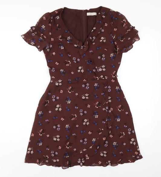 Oasis Womens Brown Floral Polyester A-Line Size 10 V-Neck Zip