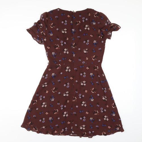 Oasis Womens Brown Floral Polyester A-Line Size 10 V-Neck Zip