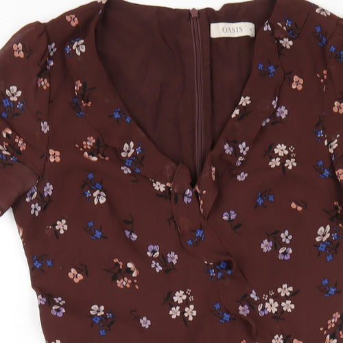 Oasis Womens Brown Floral Polyester A-Line Size 10 V-Neck Zip