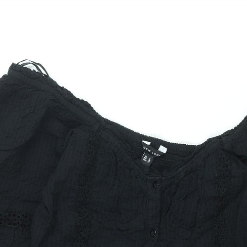 New Look Womens Black Cotton A-Line Size 8 Scoop Neck Button - Smocked