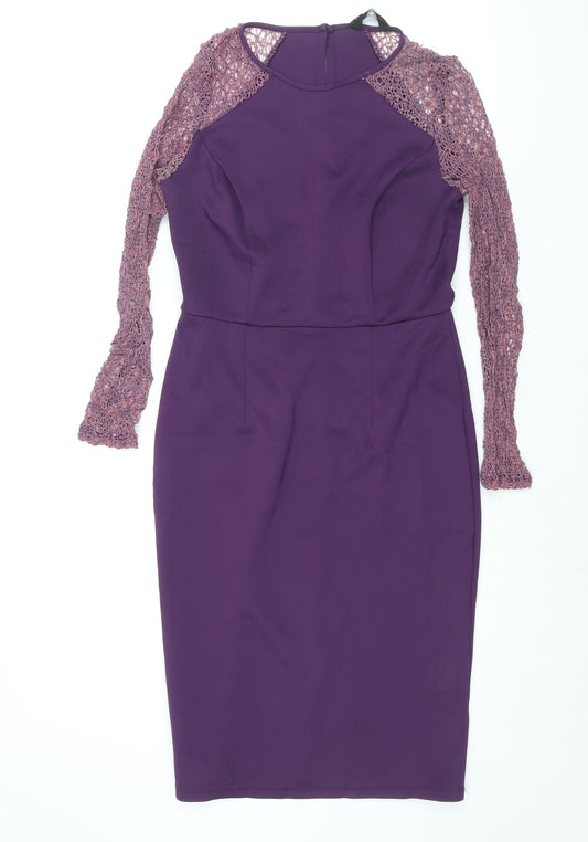 Dorothy Perkins Womens Purple Polyester Bodycon Size 10 Round Neck Button - Lace Sleeve