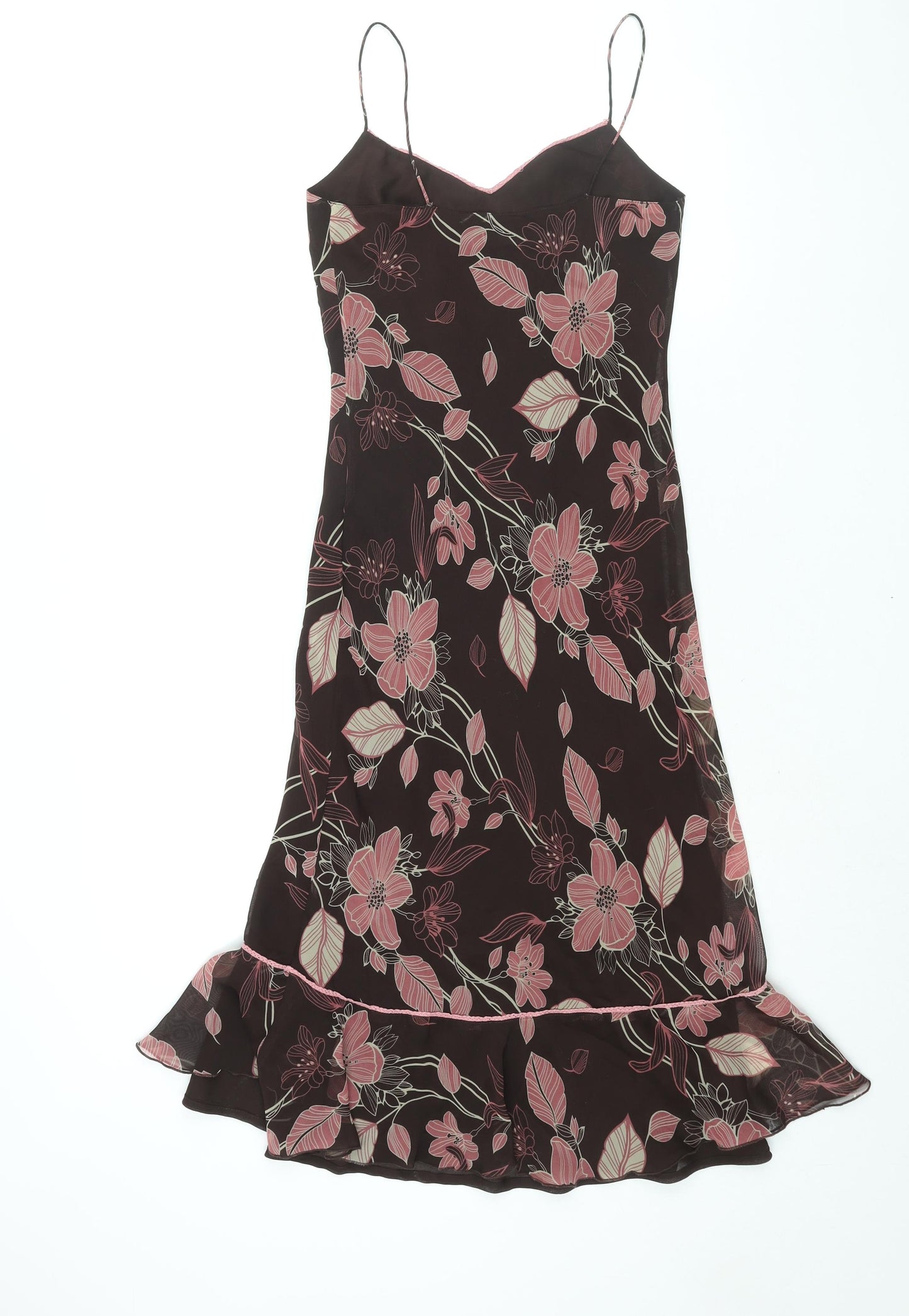 AMARANTO Womens Brown Floral Polyester Slip Dress Size 8 V-Neck Pullover