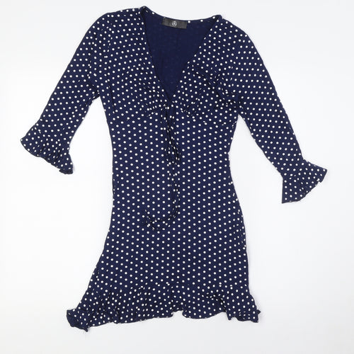 Missguided Womens Blue Polka Dot Viscose A-Line Size 8 V-Neck