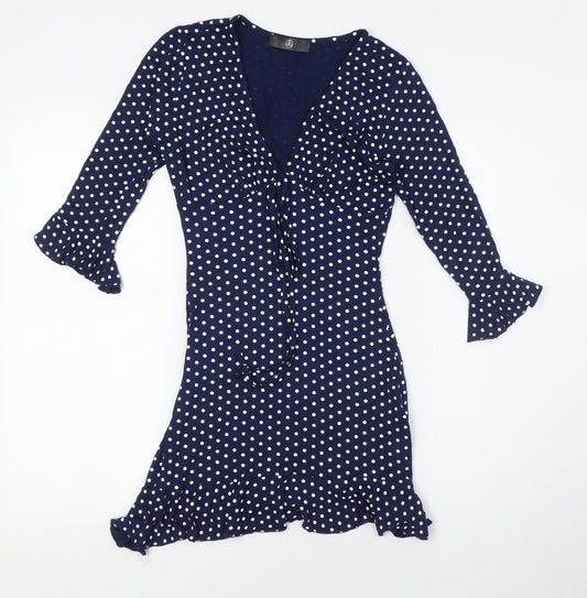 Missguided Womens Blue Polka Dot Viscose A-Line Size 8 V-Neck