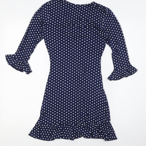 Missguided Womens Blue Polka Dot Viscose A-Line Size 8 V-Neck