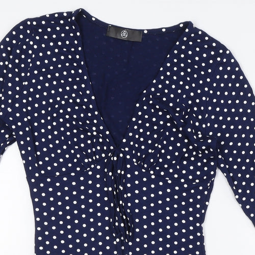 Missguided Womens Blue Polka Dot Viscose A-Line Size 8 V-Neck