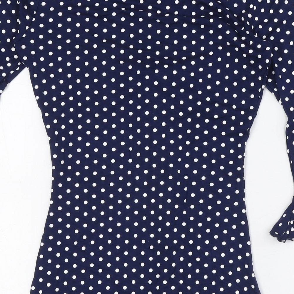 Missguided Womens Blue Polka Dot Viscose A-Line Size 8 V-Neck