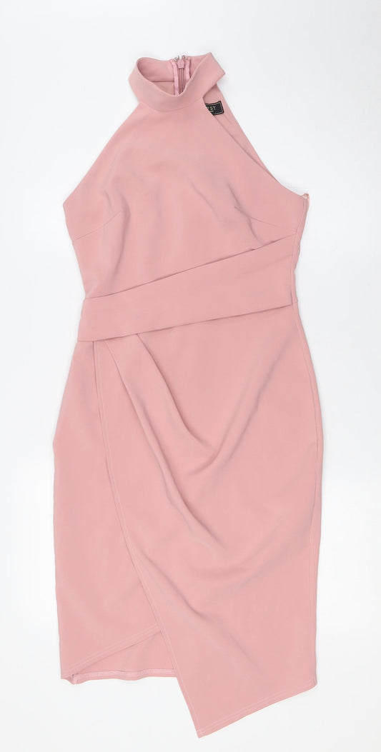 Lipsy Womens Pink Polyester Pencil Dress Size 8 Halter Zip - Wrap Effect