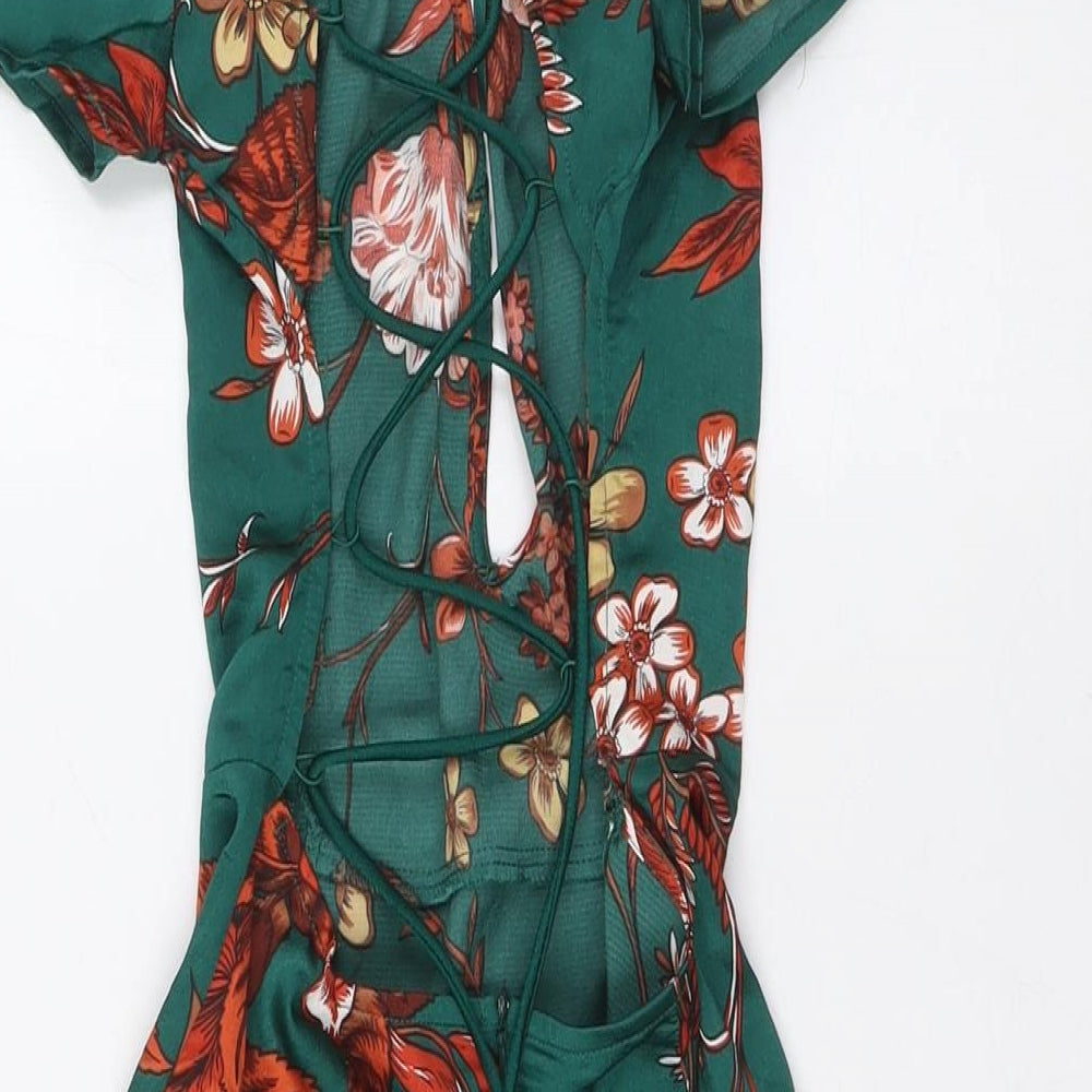 PRETTYLITTLETHING Womens Green Floral Polyester A-Line Size 8 V-Neck Tie