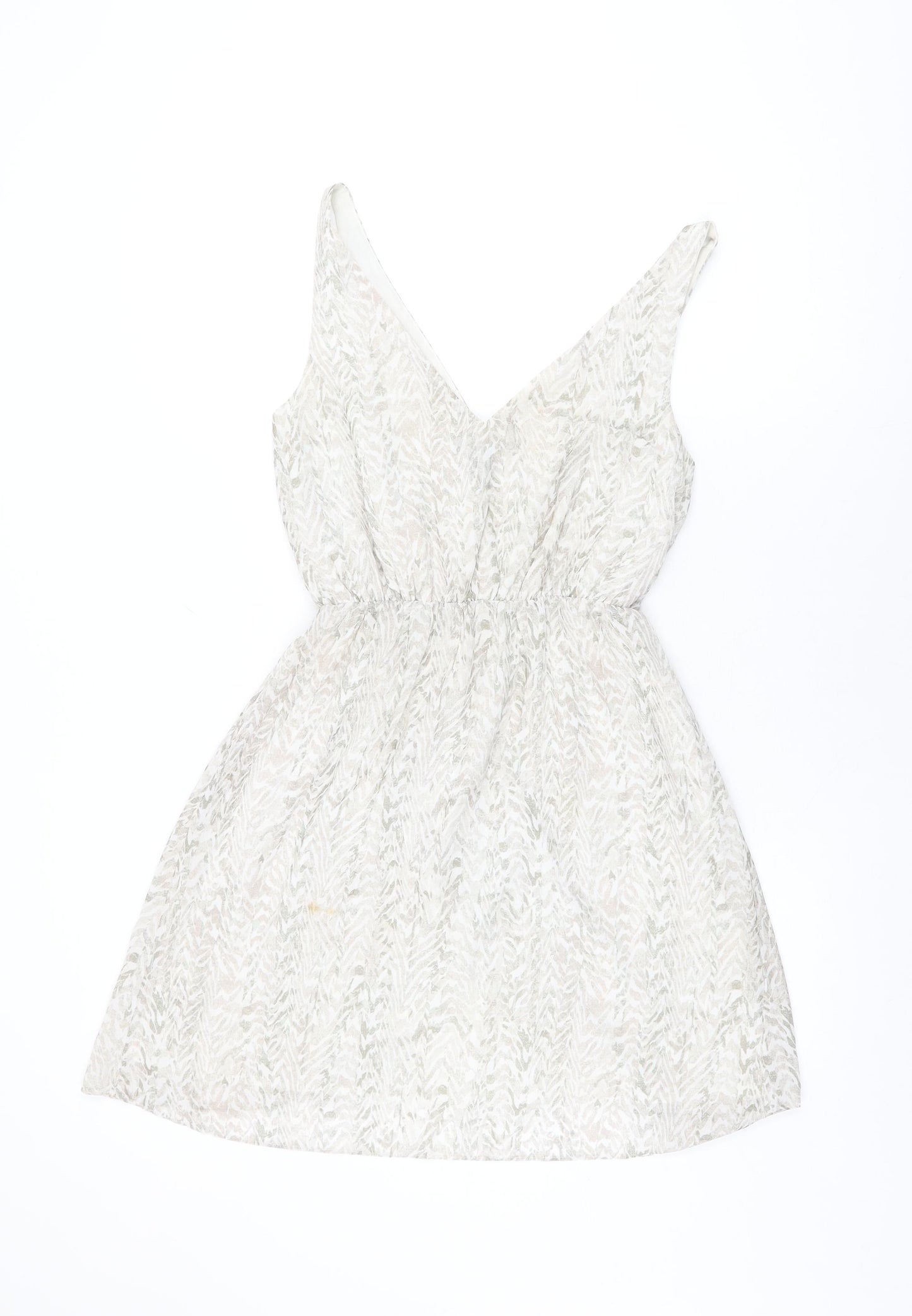 H&M Womens White Geometric Polyester Skater Dress Size 8 V-Neck Pullover